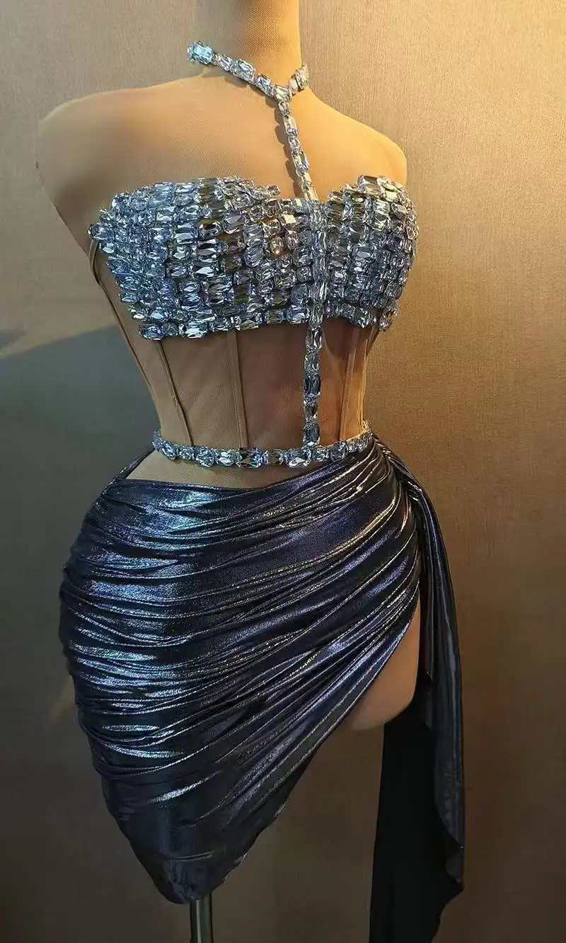 Mesh atember aub endes Kleid für Frauen Kristalle Bühnen kleidung Tänzerin Sänger Las Vegas Showgirl Drag Queen Outfit Nacht Clubbing Requisiten