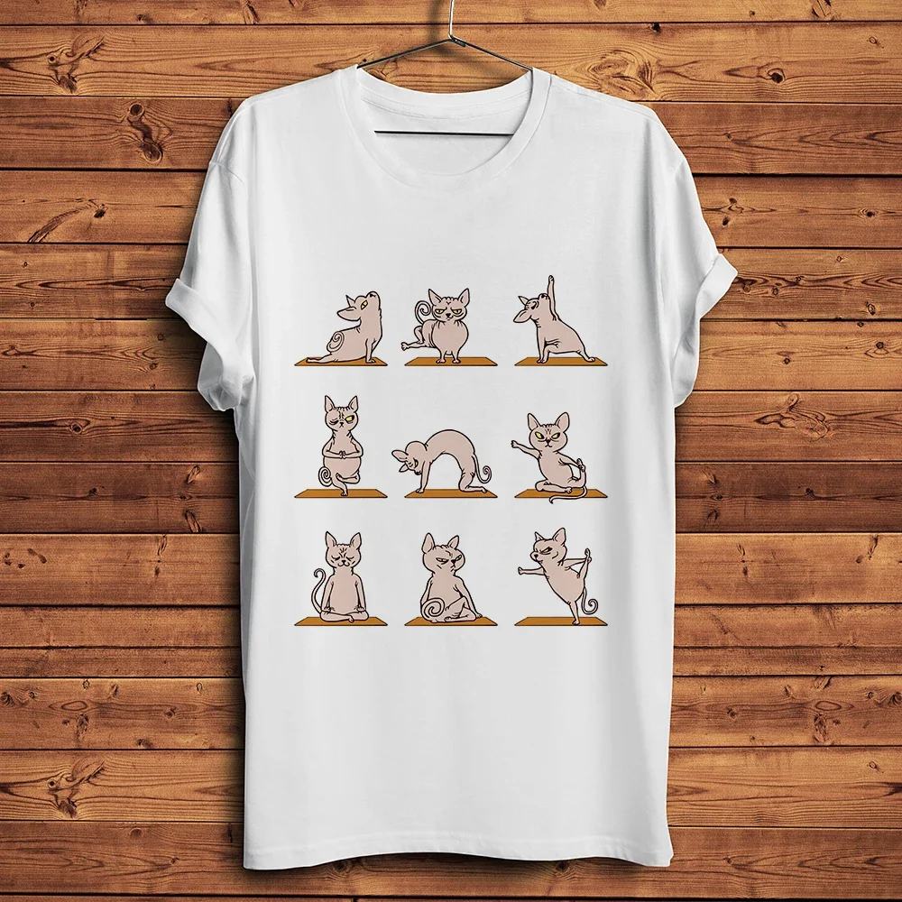 Sphynx Cat,Exotic Shorthair, Yoga Meow, Funny T-shirt, Men White Short Sleeve Casual Tee,Unisex Streetwear Tshirt,no-crack Print