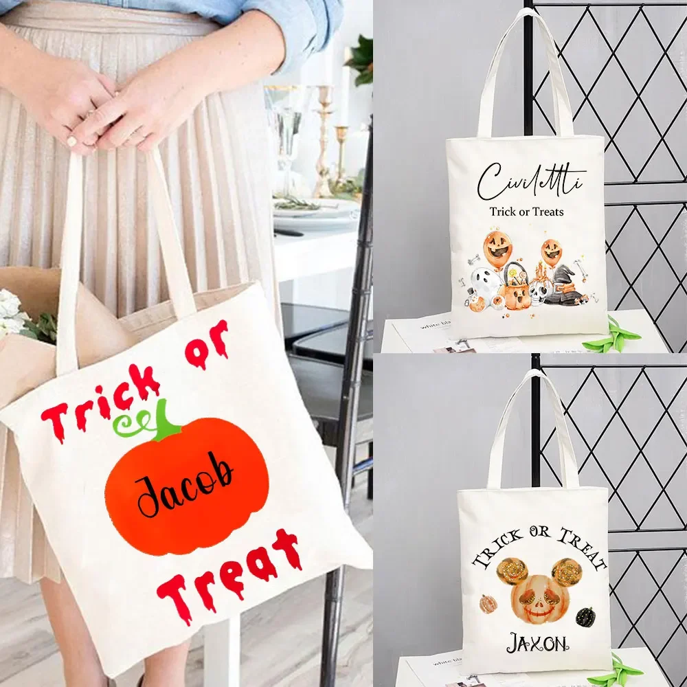 Personalised Halloween Trick or Treat Tote Bag Gift for Kids Happy Halloween Tote Bag Halloween Treat Bag Shopper Shopping Bag