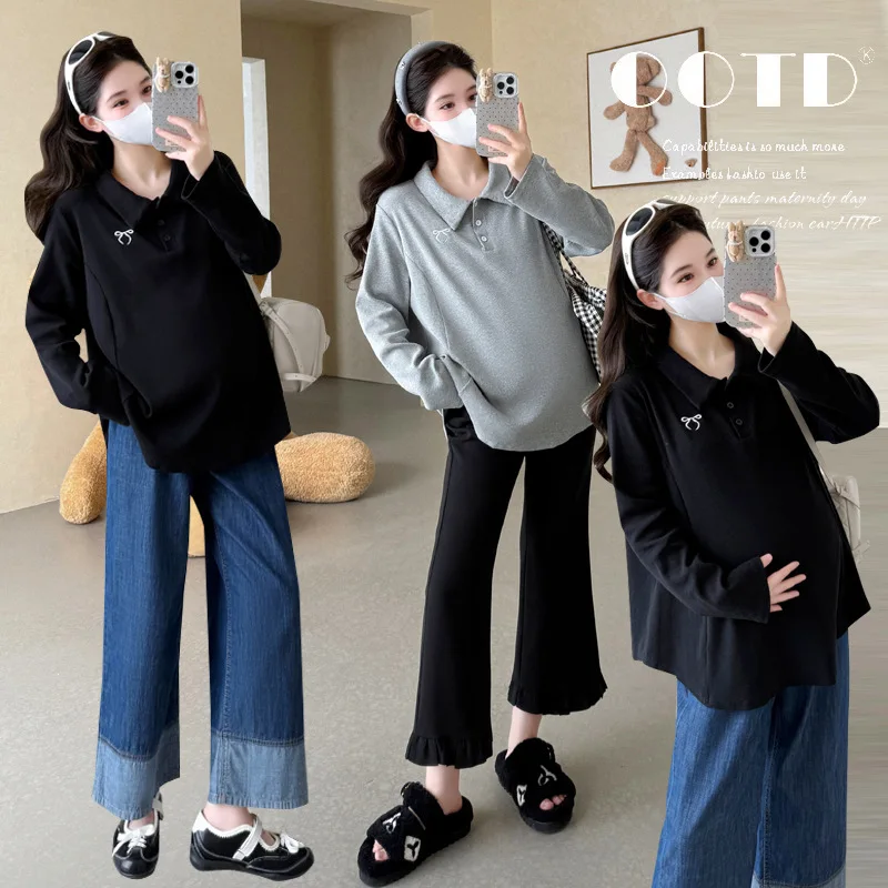 

2025 Lazy and Cotton Pregnancy Polo Top Autumn Embroidered Casual Tee Loose Comfortable Sweet Feminine Chic Maternity Shirt