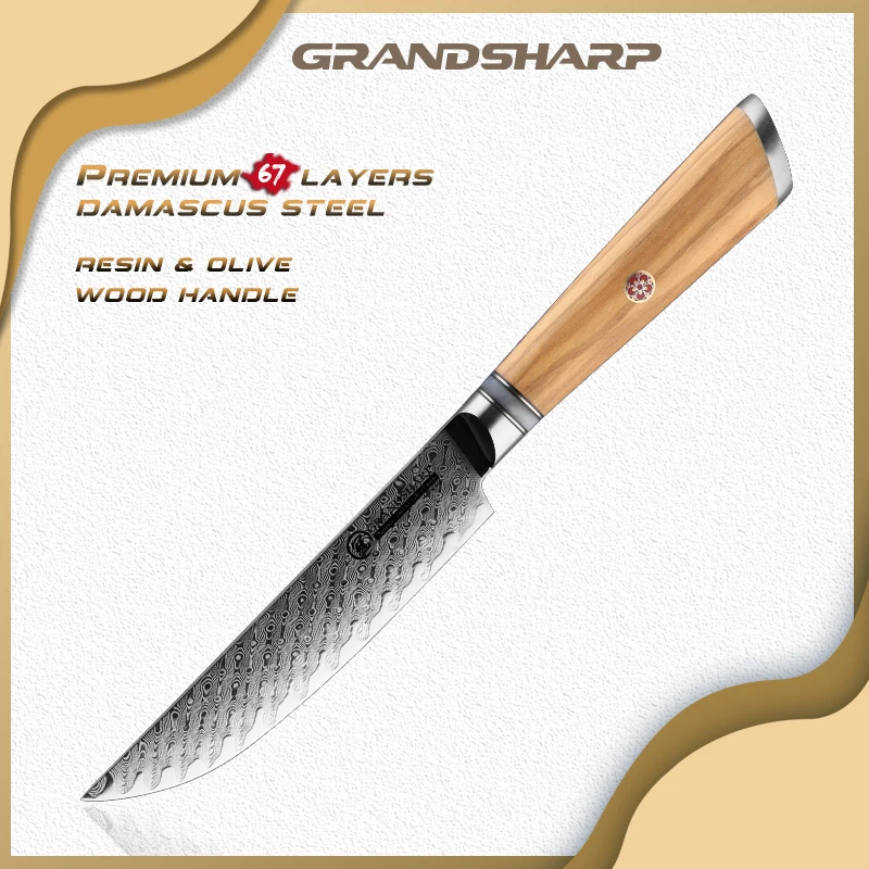 

5-дюймовый нож для стейка Grandsharp, кухонные ножи, кухонные инструменты шеф-повара, 67 слоев, зеркальная сталь, ручка из дамасской стали, оливковая, деревянная рукоятка для столовой