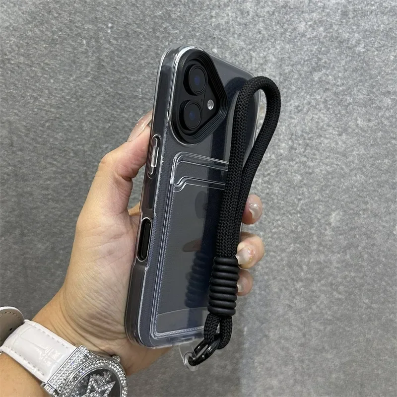 Luxury Card Slot Bag Clear With lanyard Phone Case For iPhone 11 12 13 14 15 Pro Max 16 Plus XS Shockproof Bumber Soft TPU Cover