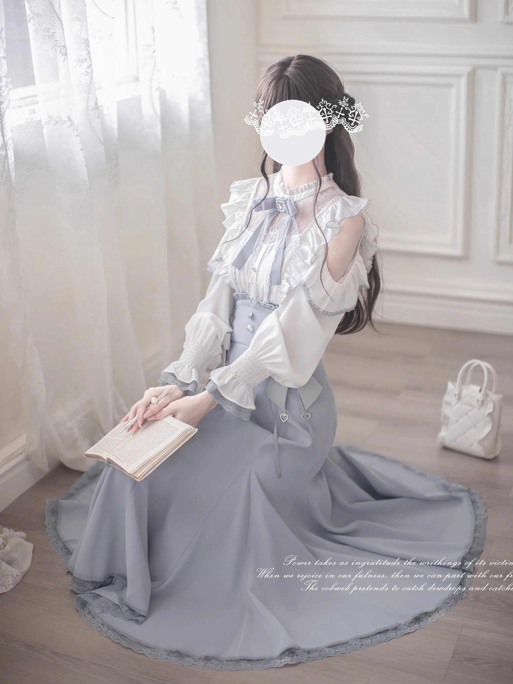 Japanese Style Watercolor Rojita Mass-Produced Elegant Mermaid Skirt Sweet Temperament Long Sleeved Shirt Single-Breasted Top