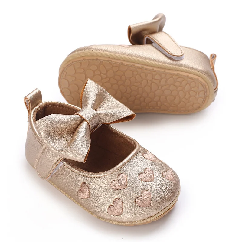 Baby Shoes Party Princess Heart Jacquard Bowknot PU Non-Slip Slippers Adorable Newborn Girls First Walkers