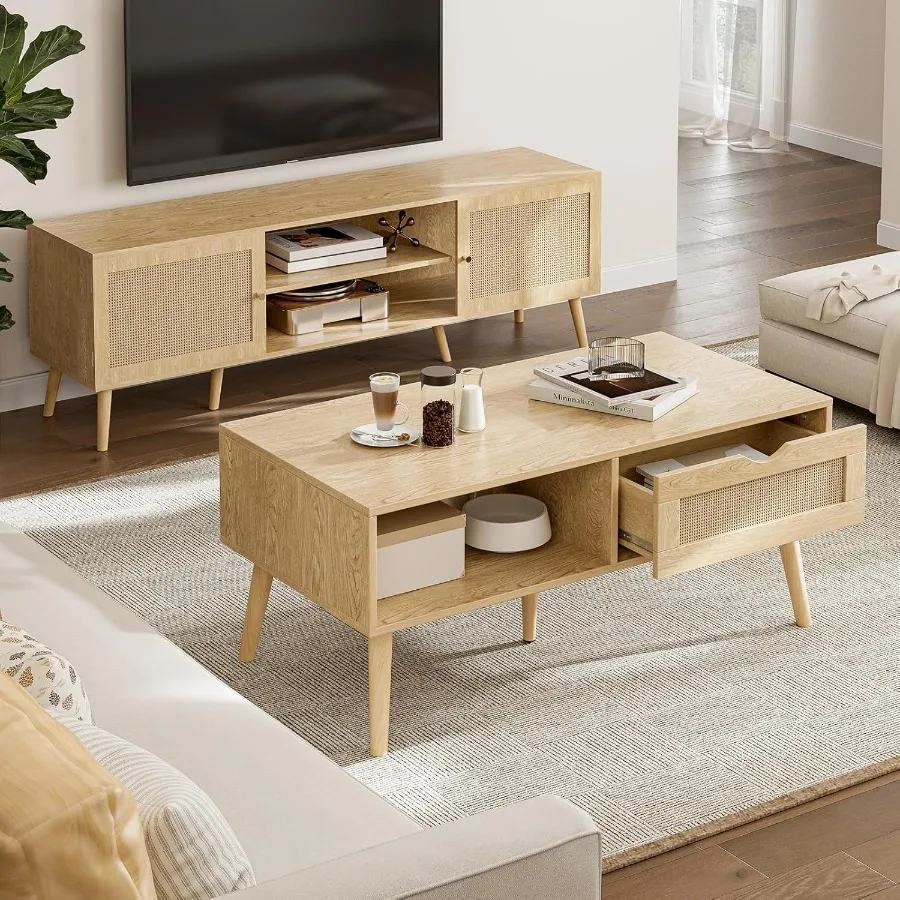 Coffee Table with Storage Boho Dining Table with Rattan Drawer and Solid Wood Legs Small Coffee Tables for Living Room Oak