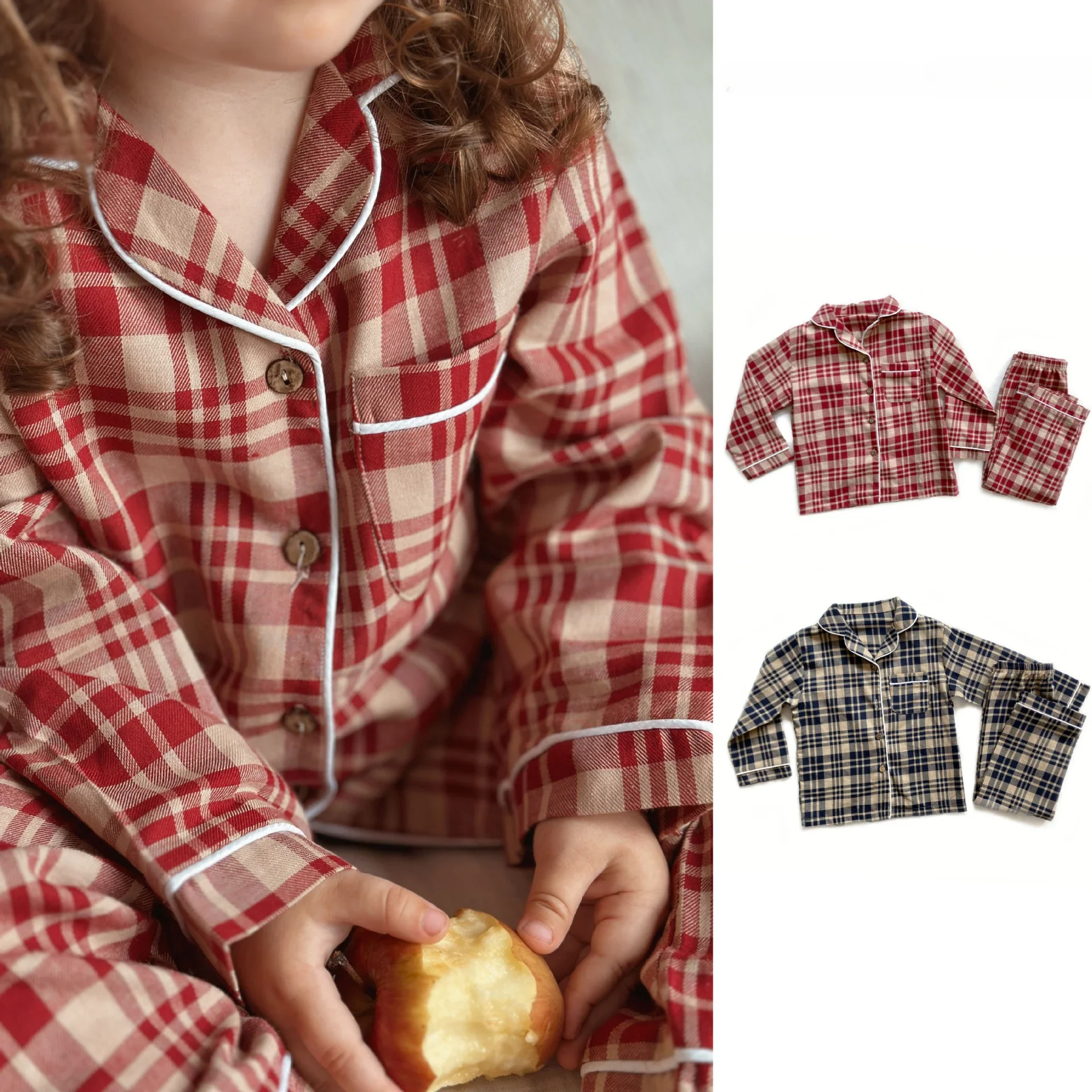 2024 Christmas Children Holiday Clothes Red Plaid Pyjamas Sets Kids Long Sleeve Cotton Sleepwear Baby Boys Girls Suit 2Pieces