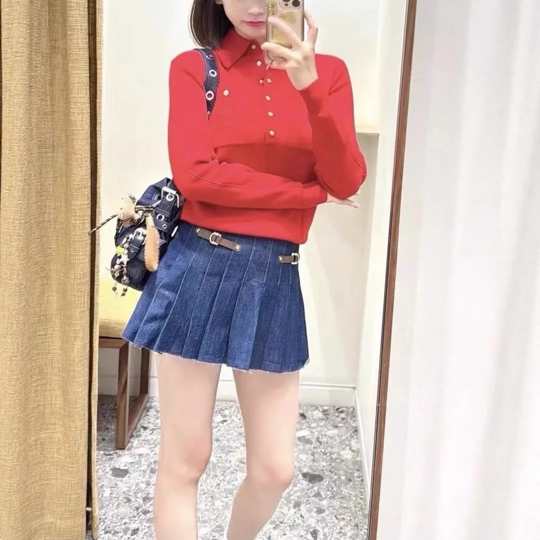

Spring/Fall Women Polo Neck Embroidery Long Sleeve Pocket Solid Sweater Single-breasted Loose Fashion Casual Knit Pullover