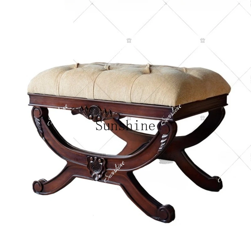 American solid wood leather fabric pull button blue shoe change, neoclassical carved dressing stool