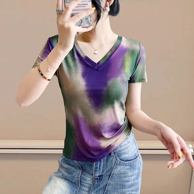 2026 New European Women's Clothing T-shirt Fashion Geometry Printed Mesh Tee Summer Short Sleeve V-neck Slim Top Female