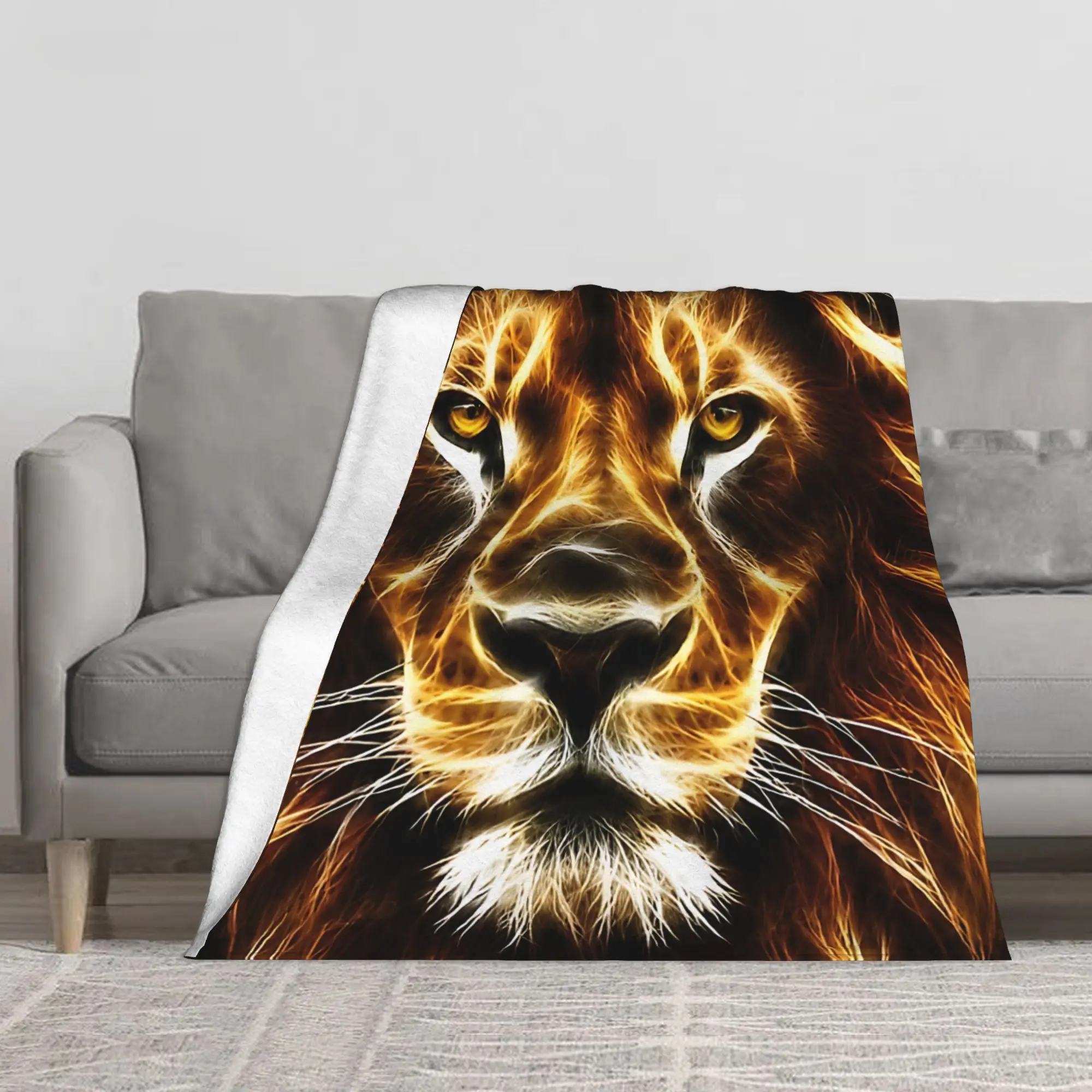 1PC Electric Lion King Of  Glowing Fractal Wildlife Blanket Throw Blanket Novelty Warm Blanket All Season Gift