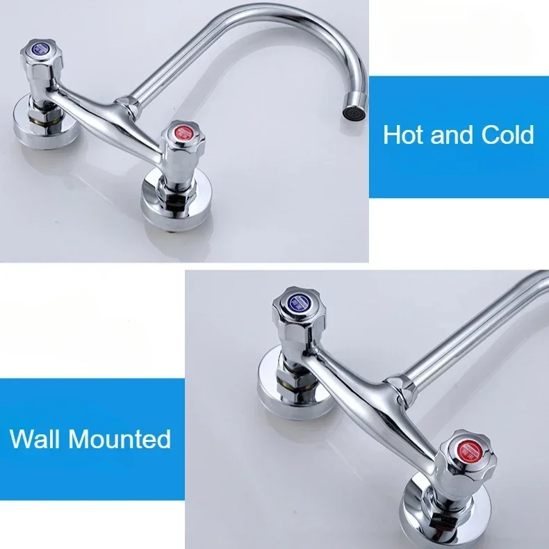 Brass Kitchen Sink Faucet Wall-Mounted Cold and Hot Water Mixer Faucets 360° Rotatable Dual Handle Kitchen Splashproof Faucet
