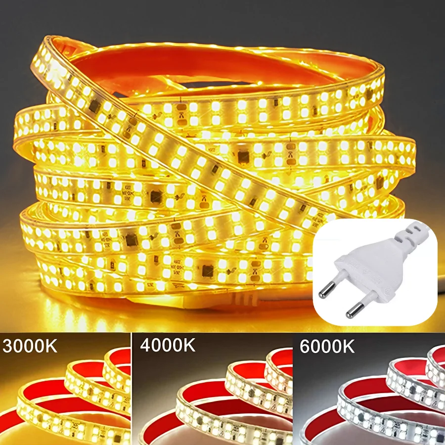 30~0.5m AC220V IP68 Waterproof EU Plug Double Row SMD 2835 LED Strip 240LEDs/M Flexible Cuttable Outdoor Courtyard Decoration
