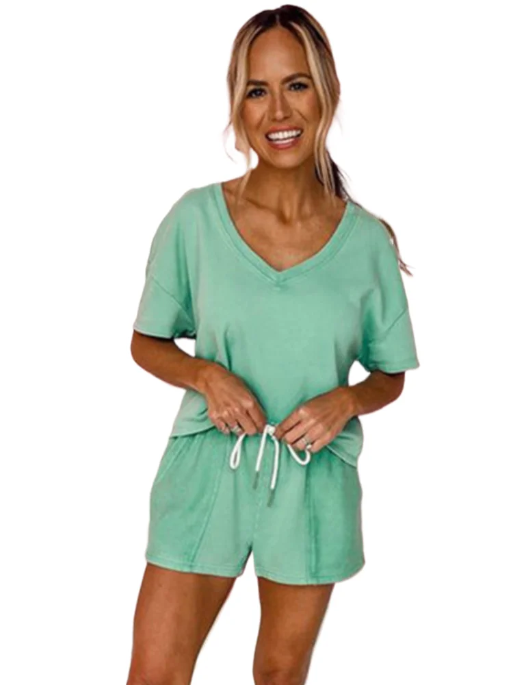 

Summer Casual 2 Pieces Set For Woman Fashion Comfort Solid Color V-neck Short Sleeve Tops And Pocket Drawstring Shorts Two Sets
