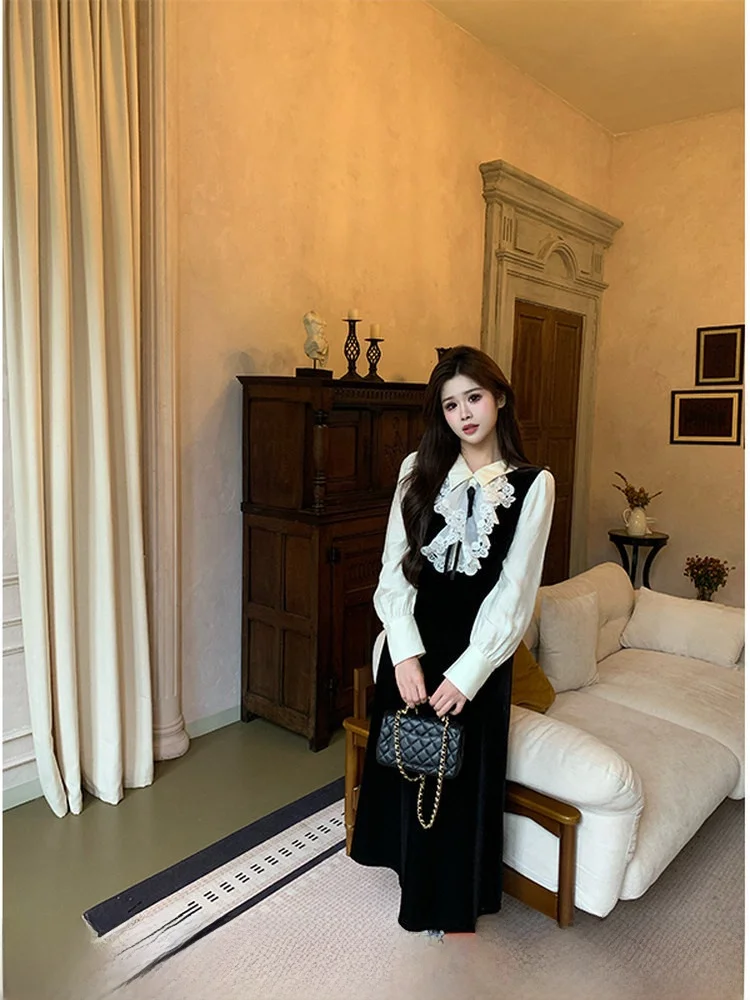 

Женское зимнее платье А-силуэта больших размеров с эффектом двухслойности, с завышенной талией, во французском стиле, из полиэстера