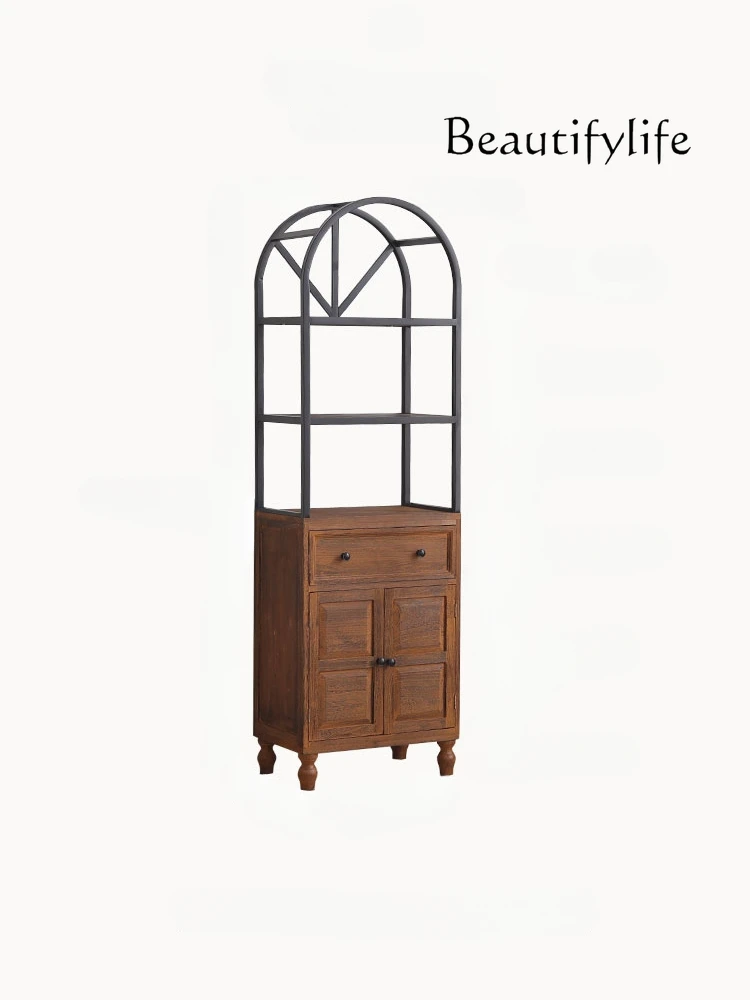 

Solid Wood Floor Simple Bookshelf Retro Living Room Curio Cabinet Iron Chest of Drawers