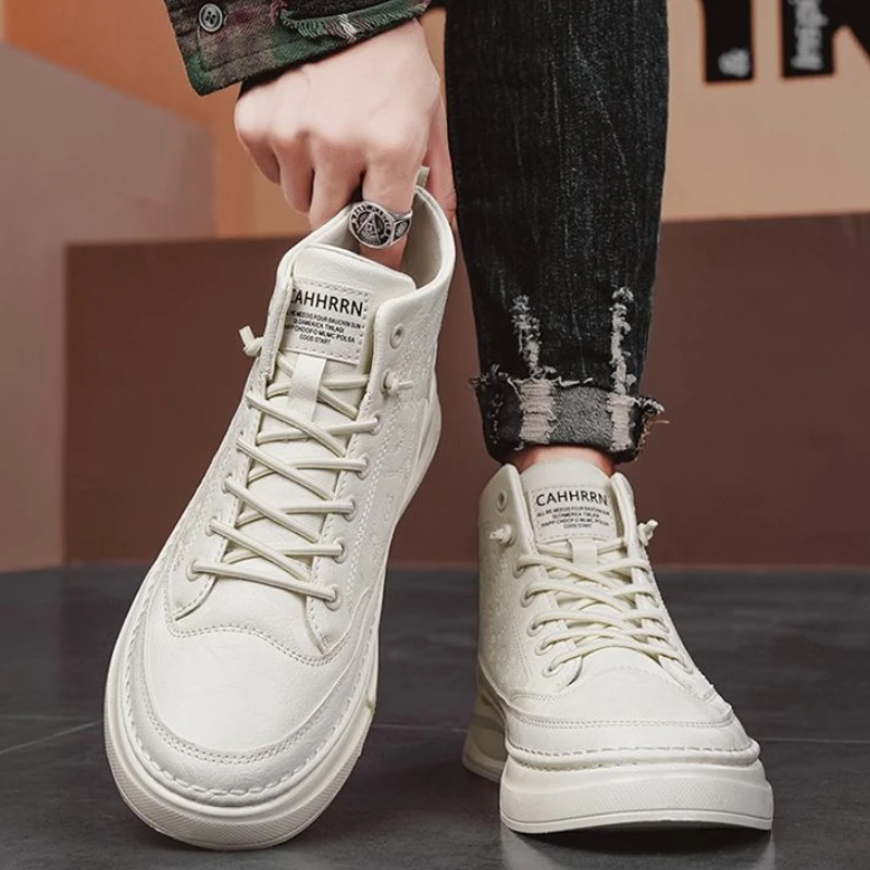 

Men 2025 Spring Autumn Leather Waterproof High Top Board Shoes Youth Student Height Increasing All Match Casual Work Sneakers