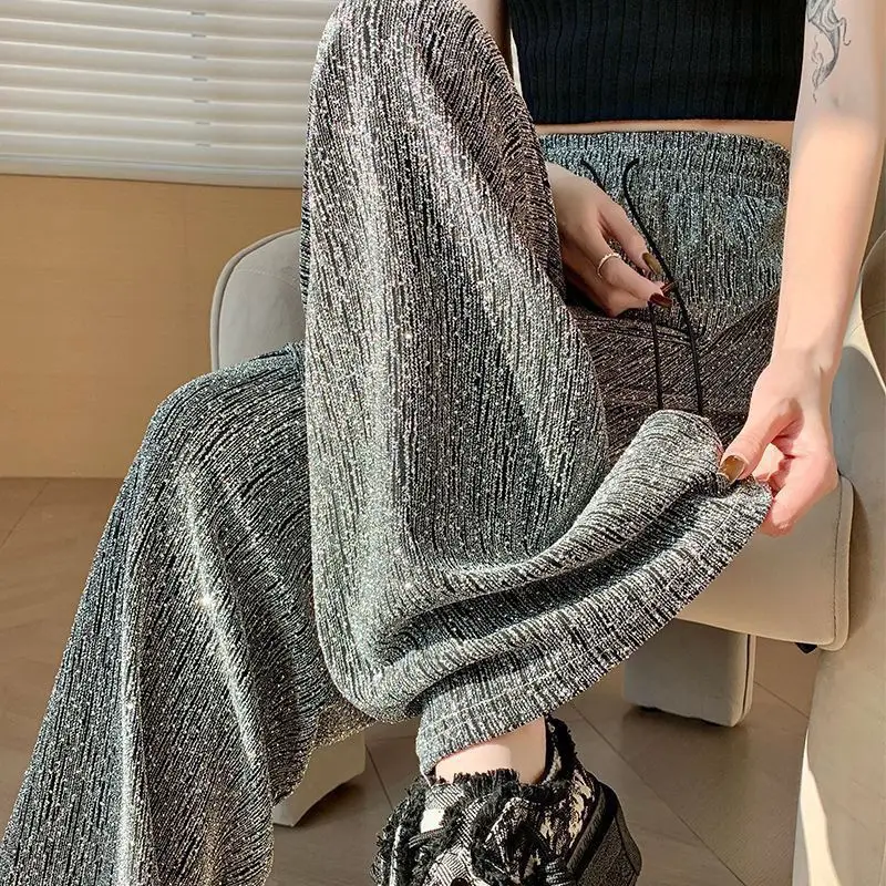 French diamond-encrusted lazy slacks women's spring and summer ice silk loose drape design sense drawstring mop pants.
