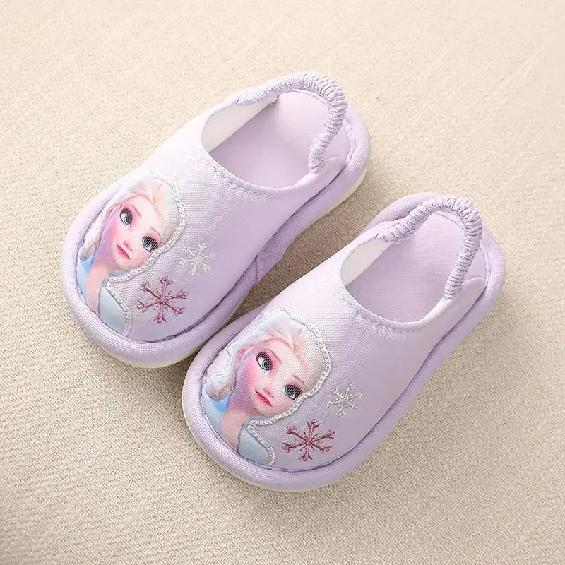 Disney Children\'s Linen slippers Autumn Winter Girls Cotton Slippers Princess elsa Cute Home shoes Toddler indoor floor shoes