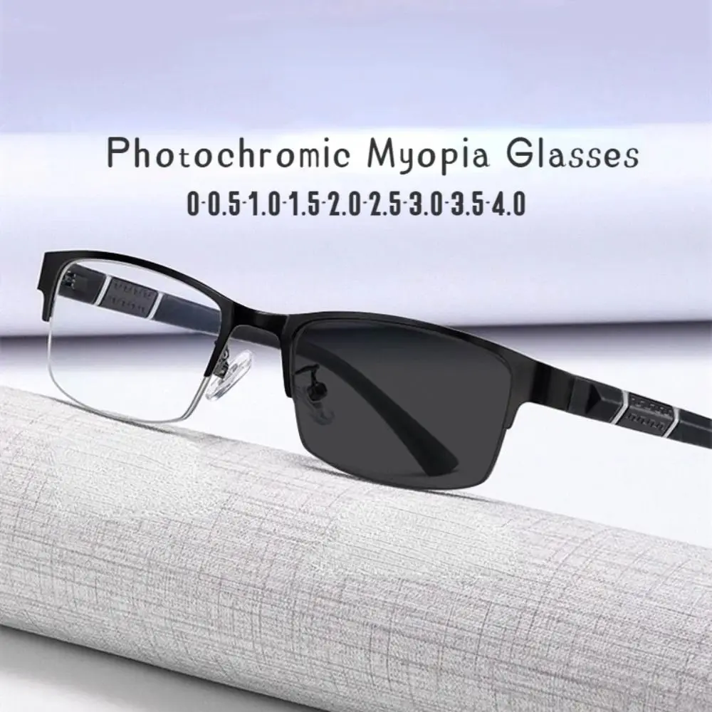 

Men's Vintage Business Photochromic Myopia Glasses Half Frame Metal Blue Light Blocking Myopia Sunglasses Classic UV Shades