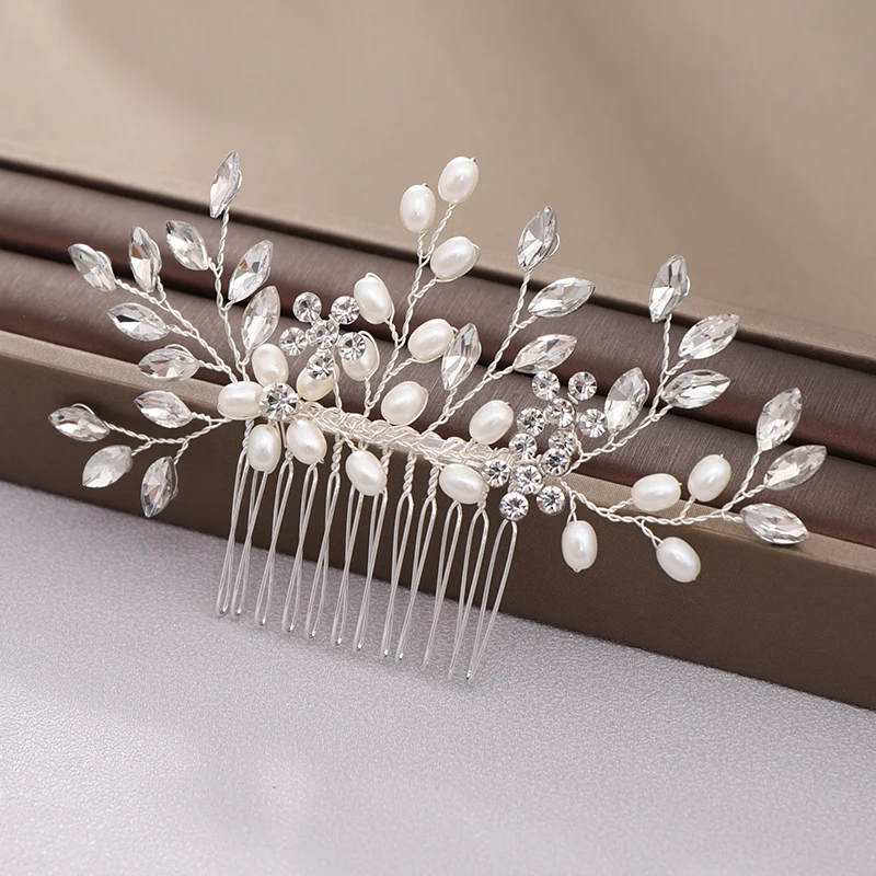 New Pearl Crystal Wedding Hair Combs Hair Accessories Silver Color Women Back Decorative Hair Comb Bridal Headpiece Hair Jewelry image 4