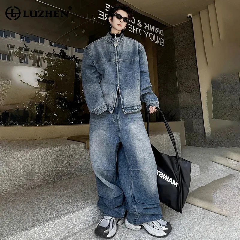 LUZHEN 2024 Autumn New Double Zipper Stand Neck Denim Jacket Loose Straight Jeans Men Fashion High Street Two-piece Sets LZ6419