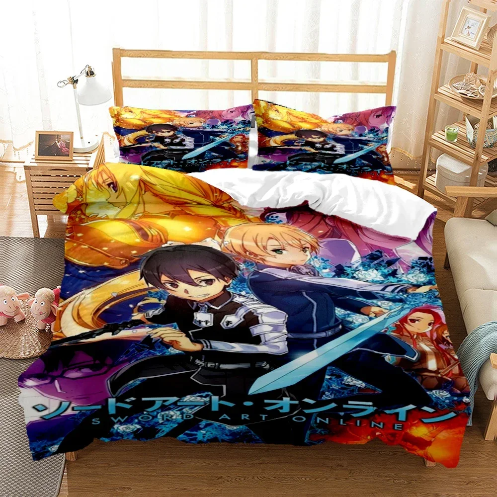 Fashion SAO Anime Art Print Three Piece Bedding Set Fashion Article Boys Or Adults For Beds Quilt Covers Pillowcases Bedding Set