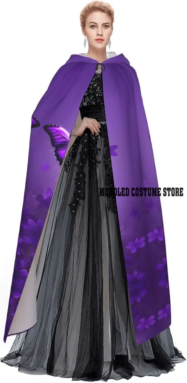 عباءة بقلنسوة على شكل فراشات أرجوانية جميلة للبالغين مع زي رداء رأس ساحرة لعيد الهالوين #3