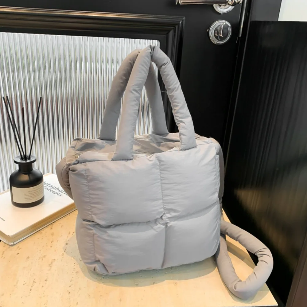 

Fashion Korean Style Space Cotton Tote Bag Plaid Large Capacity Puffer Handbag Padded Solid Color Quilted Shoulder Bag Daily