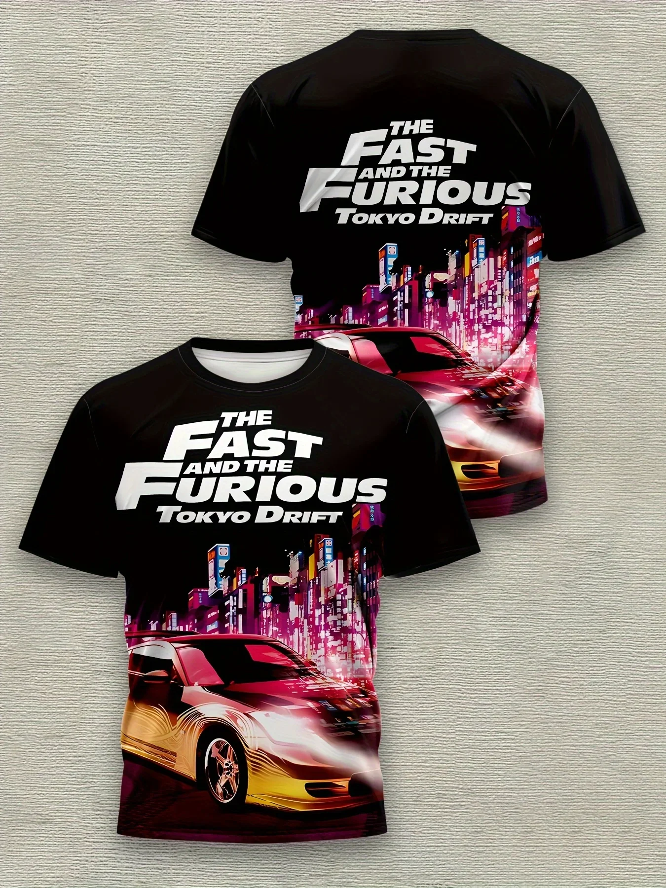 تي شيرت رجالي بنمط كبير طويل القامة - تصميم طوكيو الانجراف مع فن سيارة نيون سيتي سكيب والرياضة تي شيرت كاجوال مناسب لمحبي السيارات
