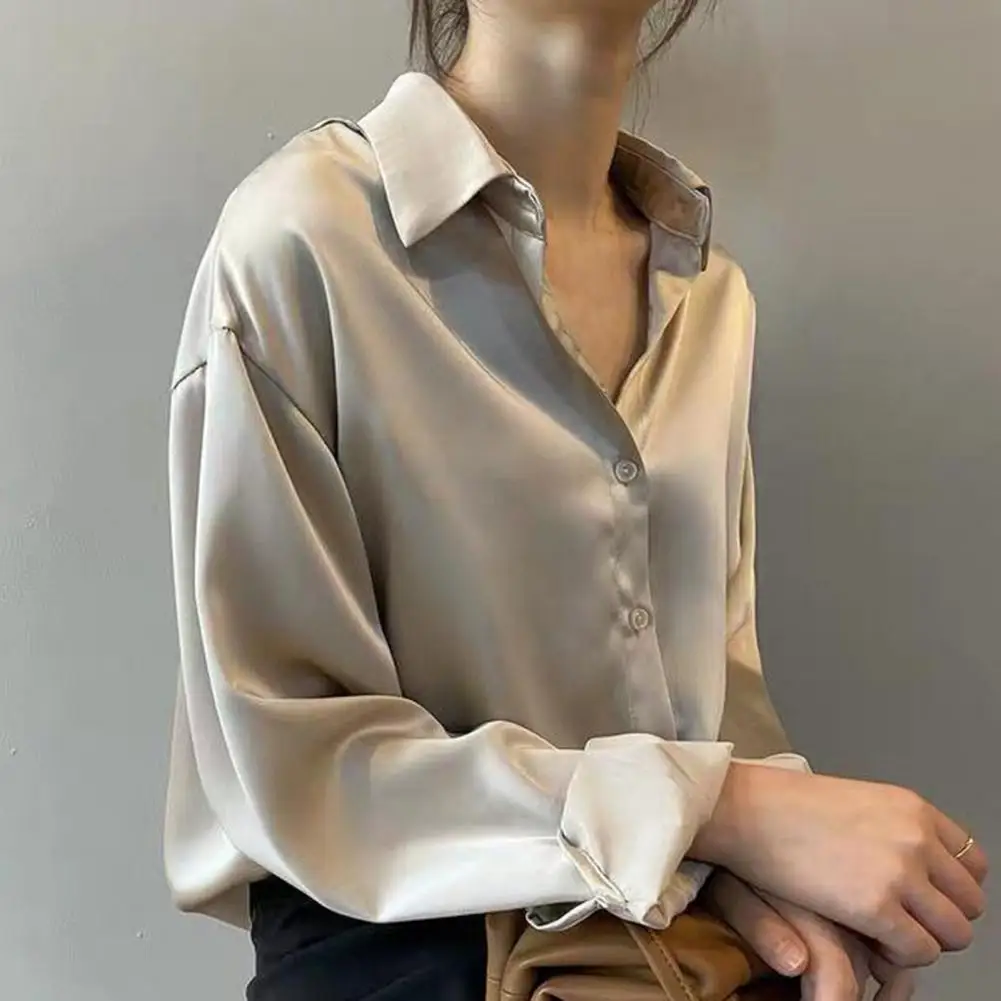 Autumn Fashion Button Up Satin Silk Shirt Spring Vintage Blouse Women White Lady Long Sleeves Female Loose Street Shirts