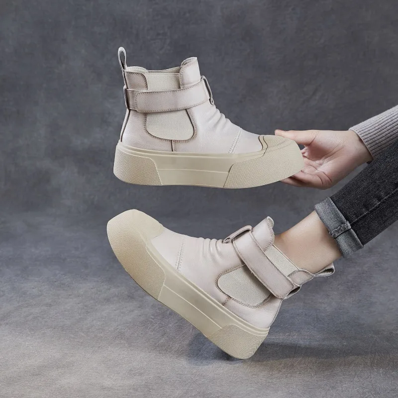 

New 5cm Women Genuine Leather Boots Round Toe Slip On Flat Platform Retro Literary Style Casual Ankle Boots Women High Top Shoes