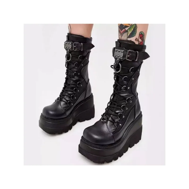 Women High Boots Cosplay Mid-calf Boots High Platform Wedges Boots 2023 Autumn Winter New Designer Gothic Shoes for Women Botas