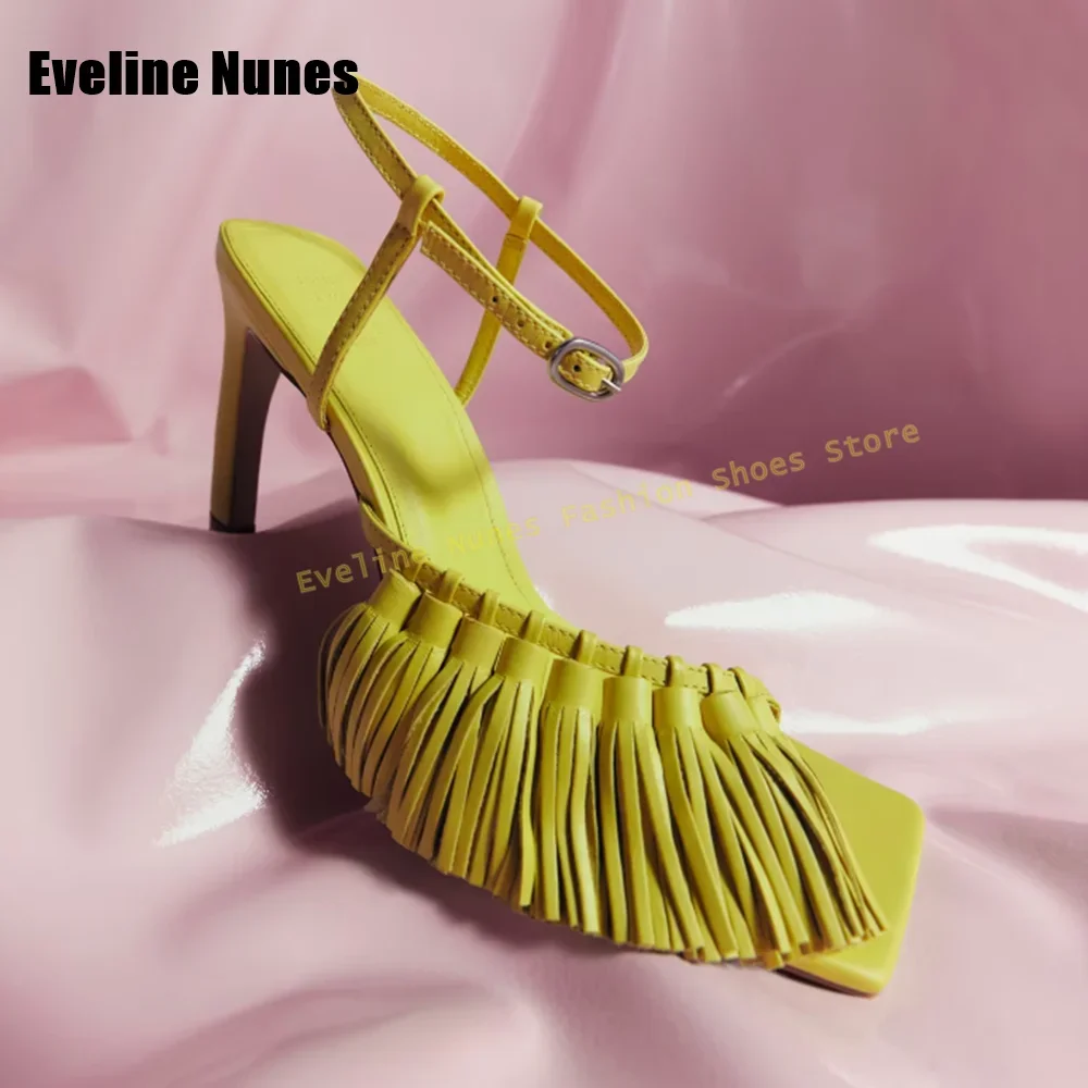 

Women Fashion High Heels 2025 Summer Trend Brown Fringe Woven Sexy Sandals Square Toe Thin Heels Buckle Strap Slingback Solid