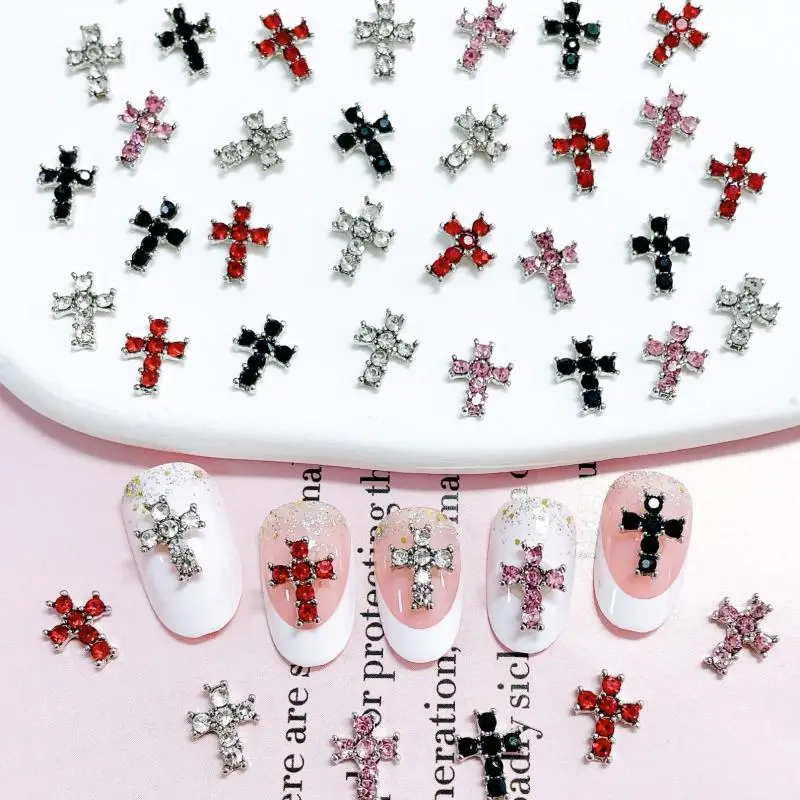

15Pcs Minimalist Exquisite Alloy Cross Nail Charms 3D Silver Cross Colorful Rhinestones Inlaid Nail Art Decorations for DIY Nail