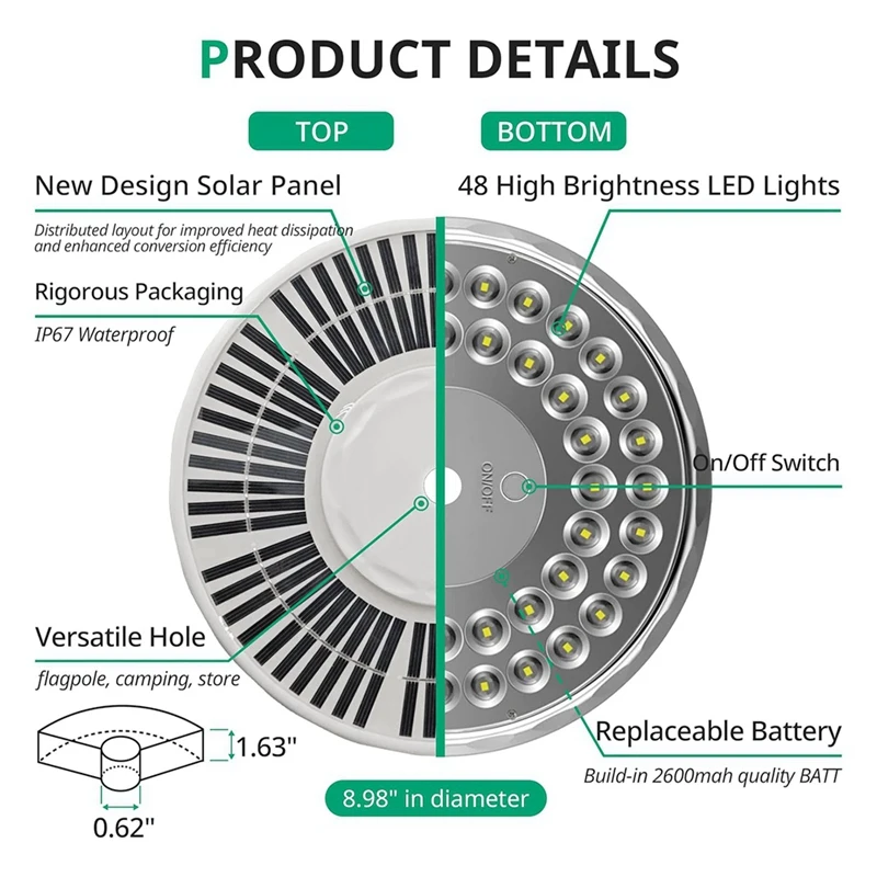 야외 태양광 스포트라이트, 48 LED 방수 태양광 깃대 조명, 상단 장착 깃대 태양광 조명
