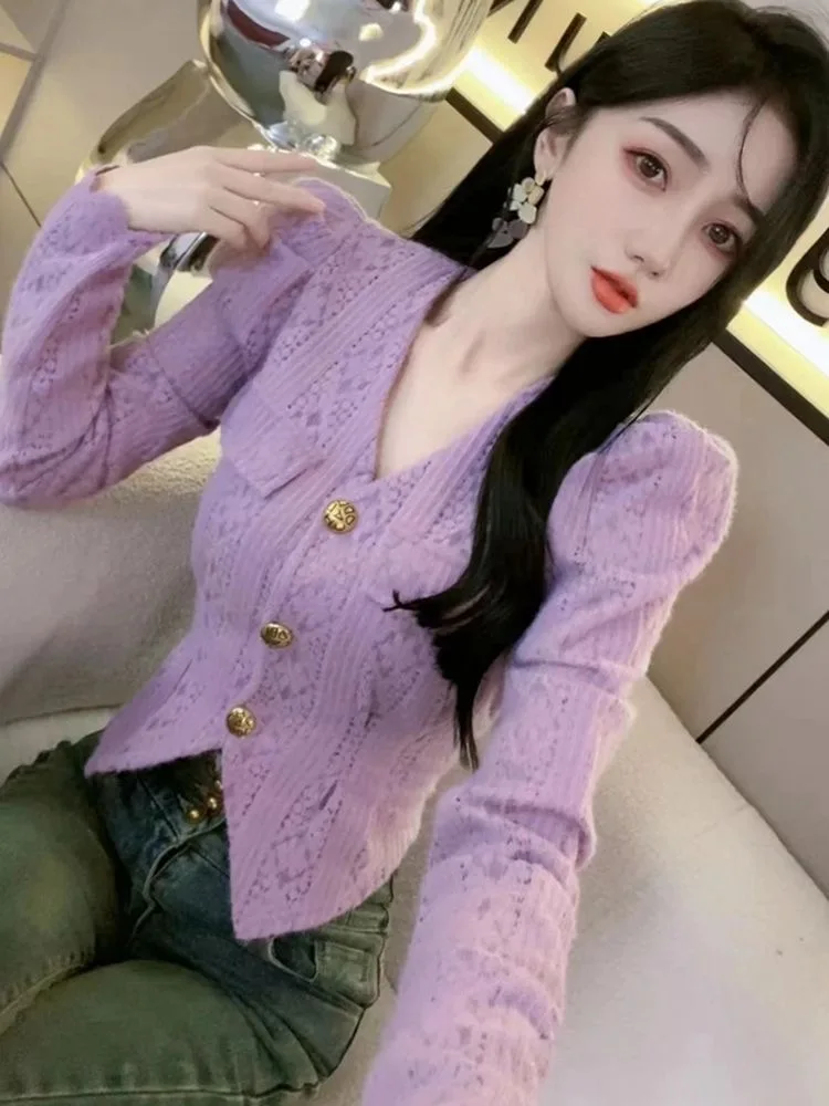 

Ele Unique V-Ne Hollow out Lace Base irt Женский модный трендовый топ Европейский сезон Sle Long Sve Color