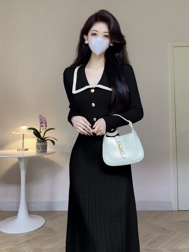 4 Colours Long Knit Dress Elegant Women 2023 Korean Chic Lapel Long-sleeved Black Dress Fall Winter Pretty OL Temperament Dress