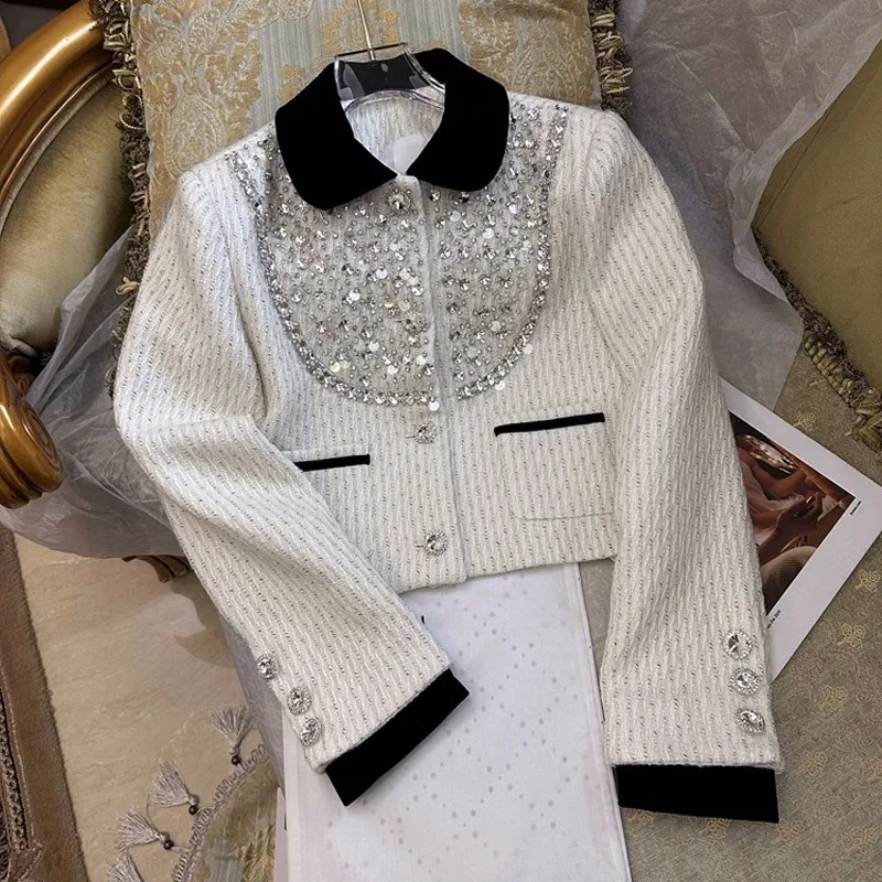 

Brand New Autumn Spring High Quality Diamonds Short Coat Women Luxury Long Sleeve Beading Elegant Jacket Fashion Tops G710