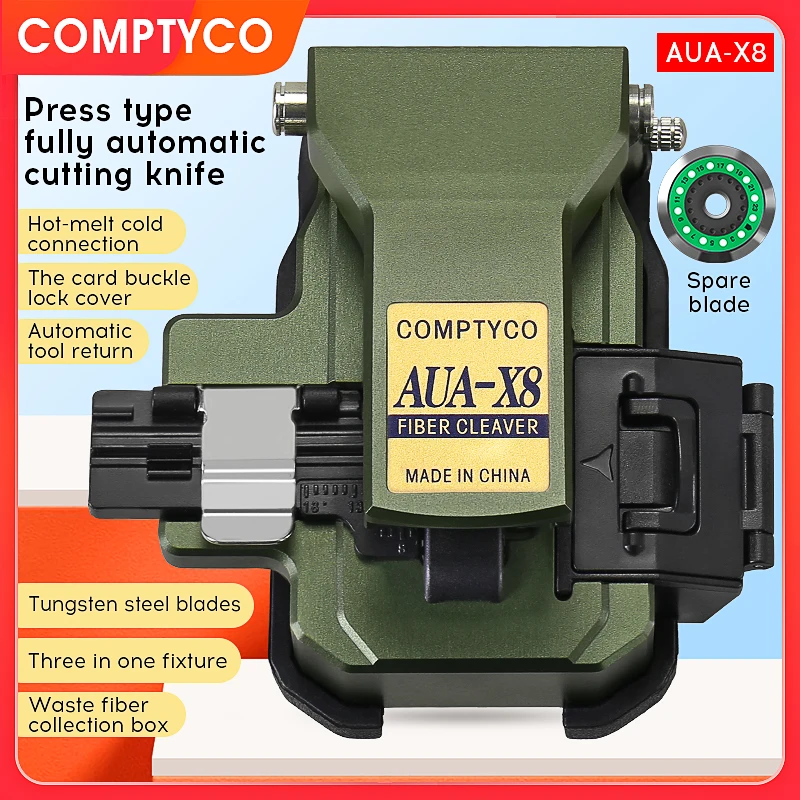 COMPTYCO High Precision AUA-X8 Automatic Fiber Cleaver Cable Cutting FTTT Fiber Optic Knife Tools with Waste Fiber Box