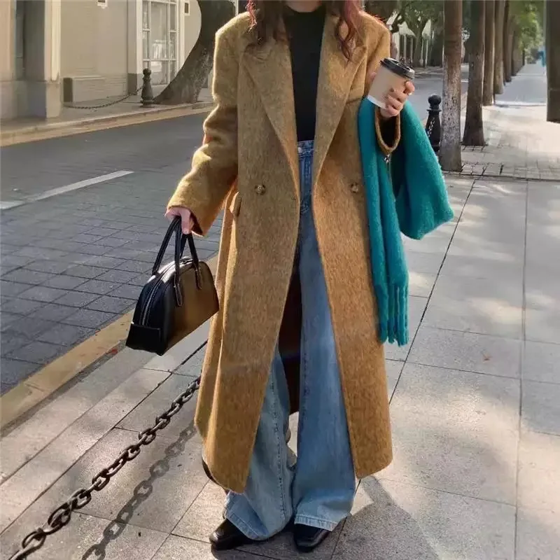 26 Autumn And Winter New Korean Version Shoulder Padded High-end Double-sided Wool Coat Extended Suit Collar Temperament Wool