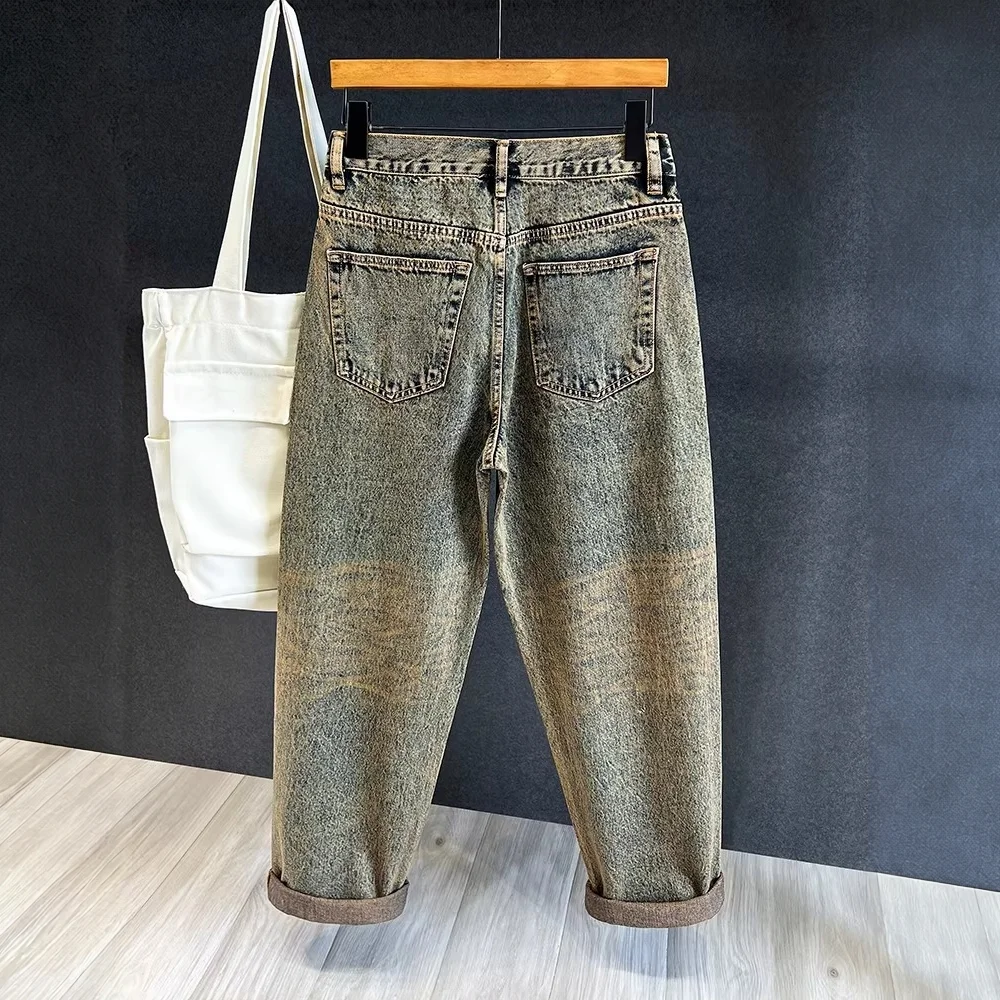 Korean Popular Clothes New 2026 Retro Yellow Mud Dyed Harlan Jeans Men's Loose Straight Menswear Clothing Casual Long Pants Men