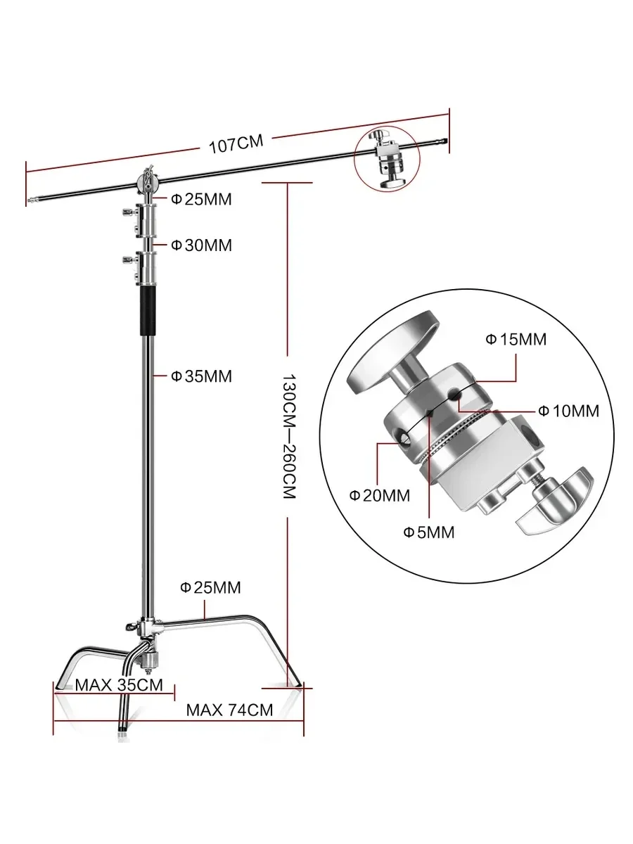 Professional 260cm Photography Tripod C-Stand with Boom Arm Stainless Steel Light Stand for Studio Softbox Lighting Metal