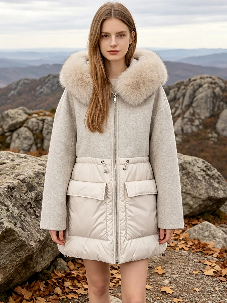 Beige Women Fox Fur Collar Hooded Down Jacket Wool Fabric Spliced Loose Mid Length 75cm White Duck Down Coat Winter Warm Parka