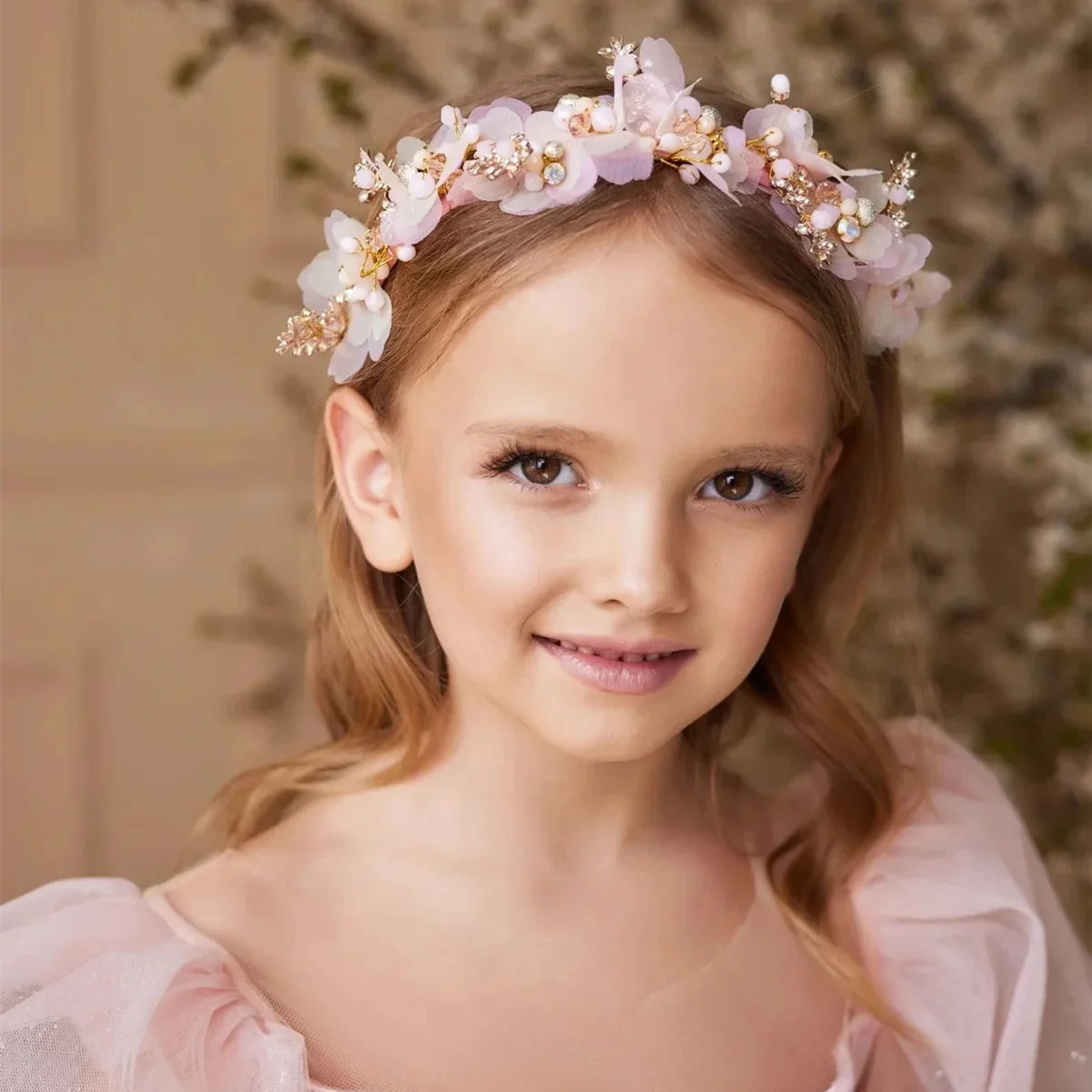 Customized Pink Flower Girl Dress for Wedding Appliques Short Sleeve High Waist Elegant Kids Birthday First Communion Gown