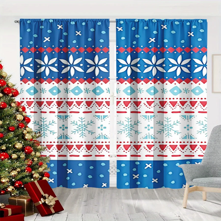 2PCS Christmas Winter Curtains, Knit Geometric Snowflake Blue Red Fair Isle, Digital Print, Bedroom Living Room, Home Decor