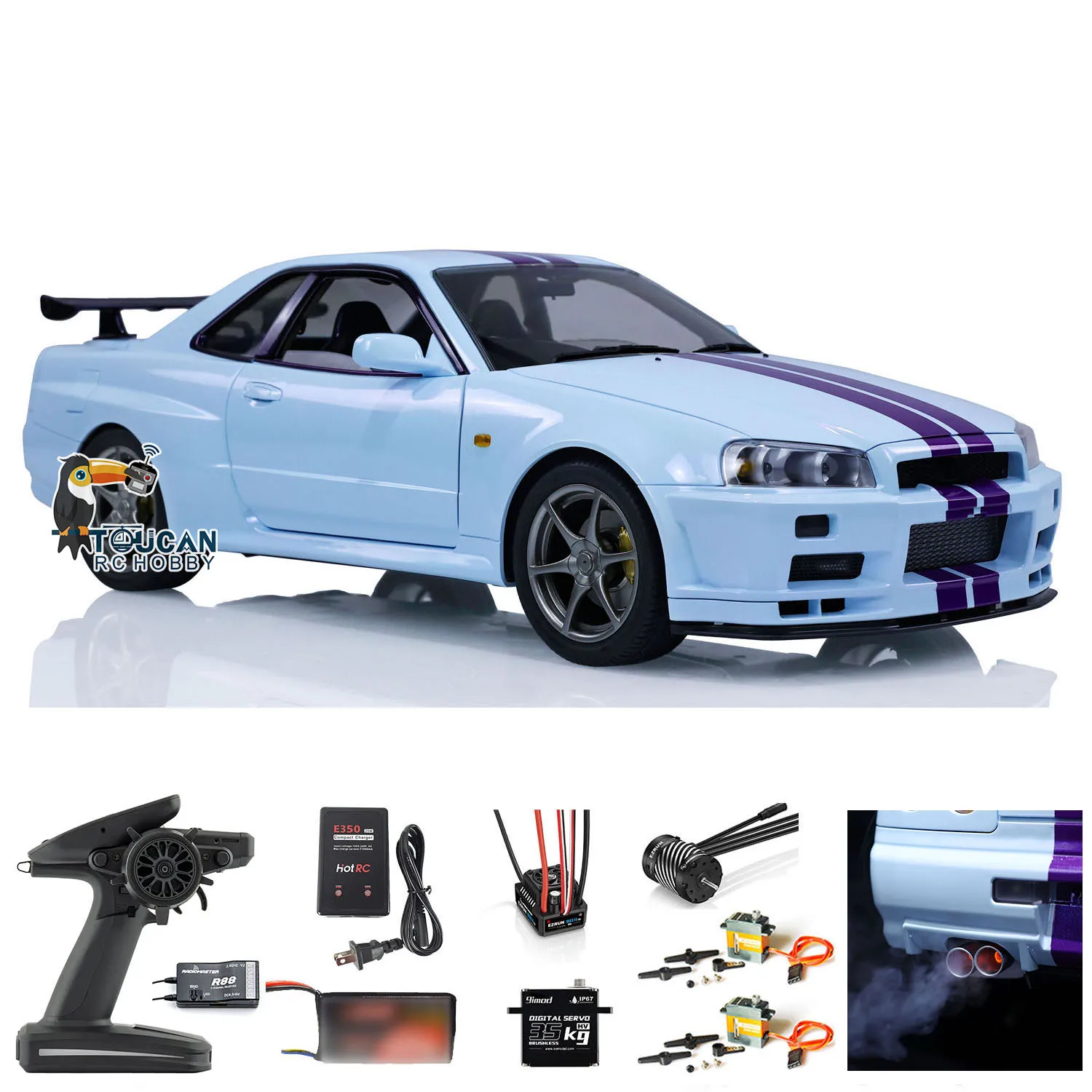 카포 R34 4WD 1/8 RC 레이싱 카, 4x4 고속 금속 RTR 드리프트 자동차, 가벼운 사운드 흡연, DIY 완제품 모델 THZH1743