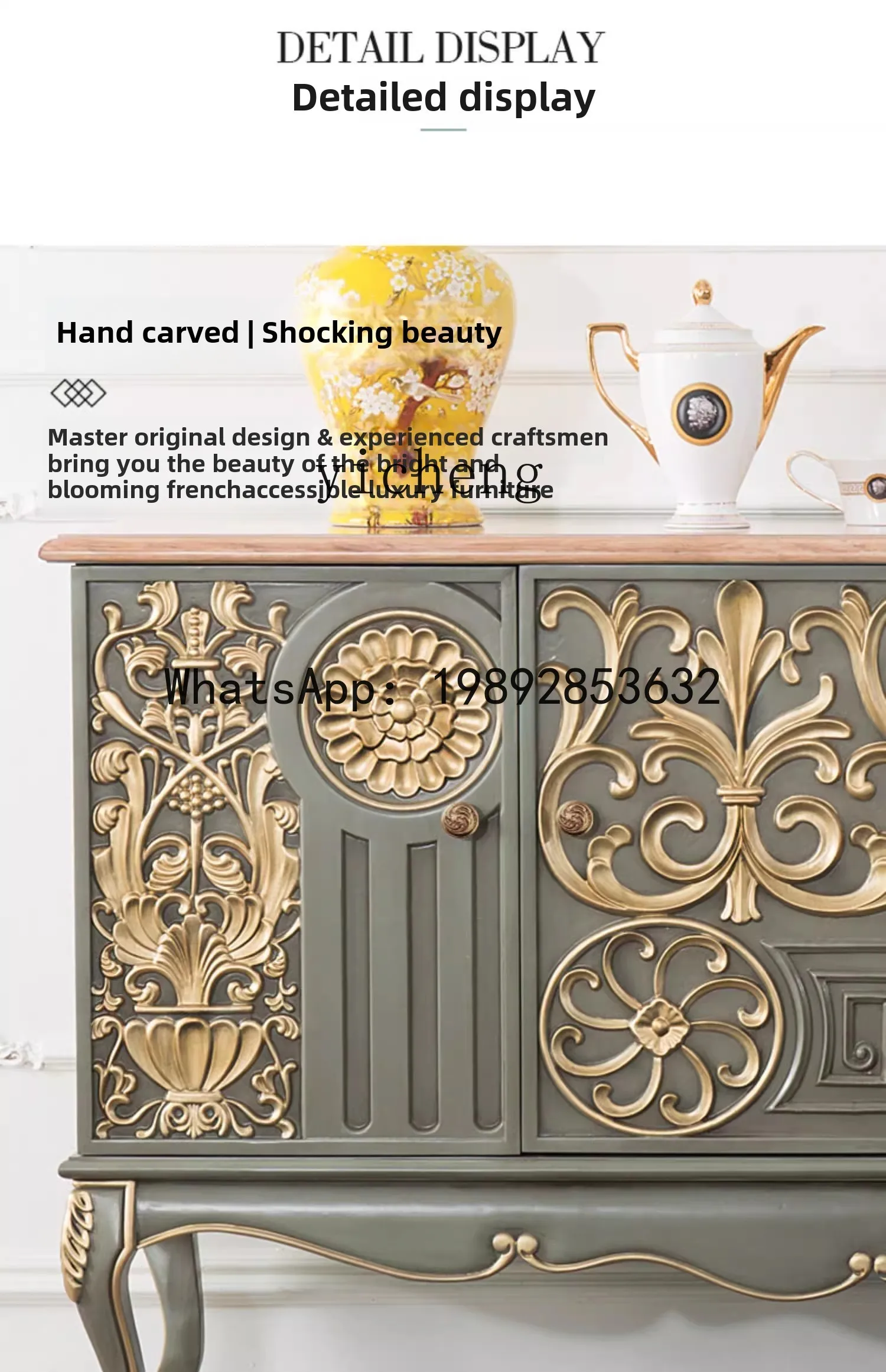 retro solid wood dining side cabinet, facing the entrance door, engraved hand-painted decorative cabinet