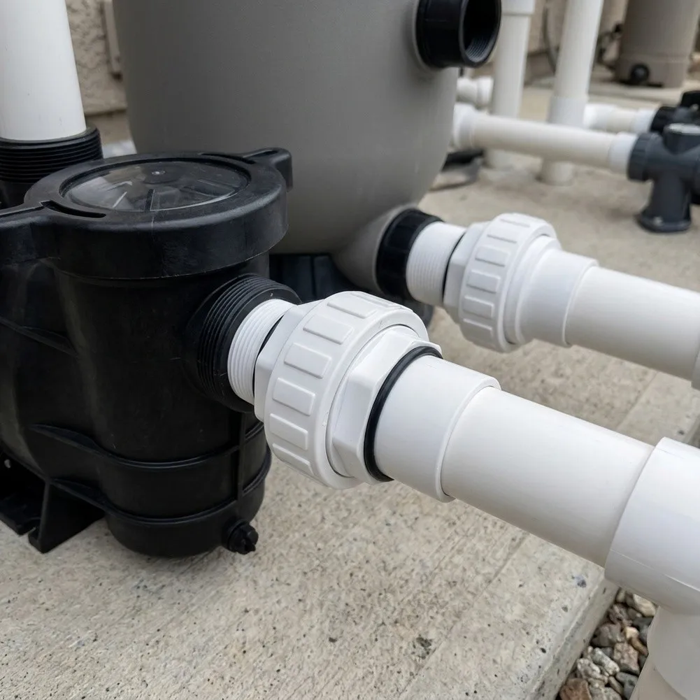 PVC Union Fitting for Sand Filter Inlet Outlet Connections Supporting Both 1.5 inch and 2 inch Pipe Sizes in Pool Maintenance
