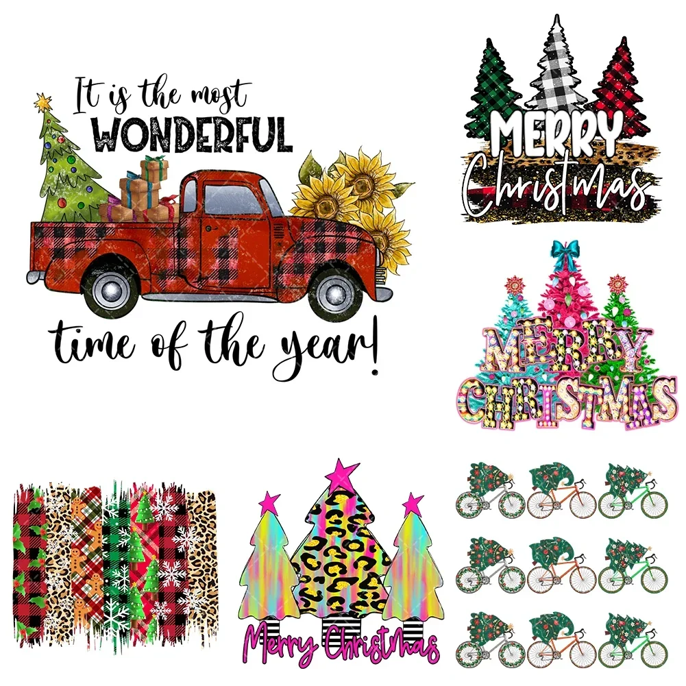 Christmas Car Tree Heat Transfer Sticker  Iron On For Clothes Handbag Dtf Pinted Vinyl Thermal Appliques Washable T-shirt Decal