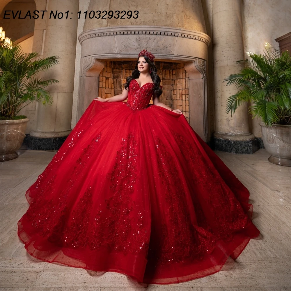 EVLAST Aangepaste Sparkly Rode Quinceanera Jurk Baljurk Glanzend Kant Applique Kralen Strik Sweet 16 Vestidos De 15 Anos E1QN676